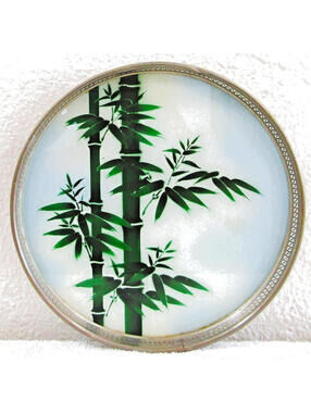 Early 1950's Japanese Painted Glass Tray Green Bamboo over White Wall Art